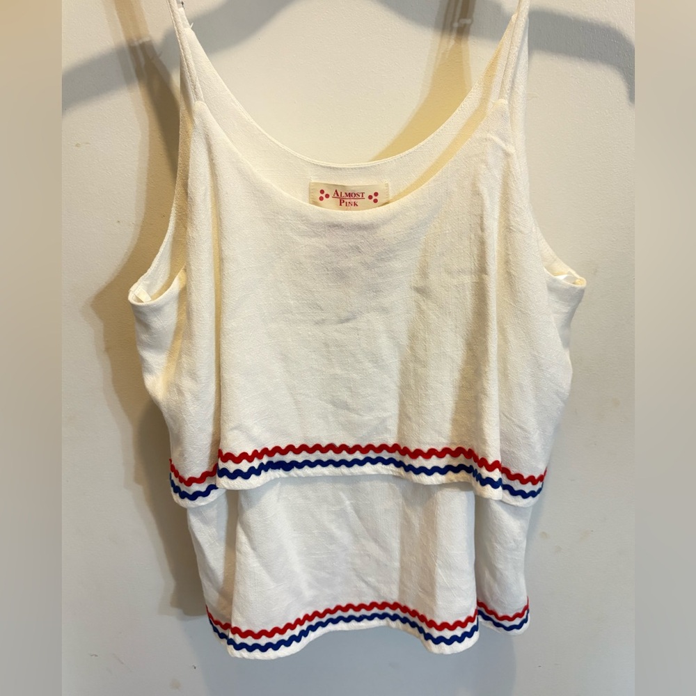 Almost Pink White Tank Top with Red & Blue Trim